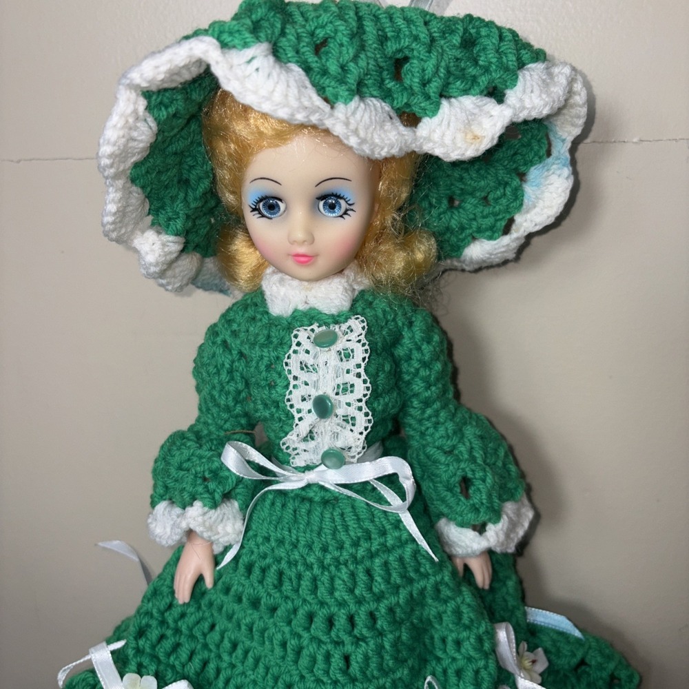 Vintage Crochet Doll Handmade Green Dress